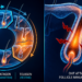 Medical infographic illustrating the hair growth cycle (anagen, catagen, and telogen phases) alongside DHT-induced hair follicle miniaturization, the primary cause of male pattern hair loss.