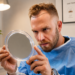 Hair transplant recovery timeline showing a patient checking newly transplanted hair after surgery, illustrating before and after results and month-by-month healing.