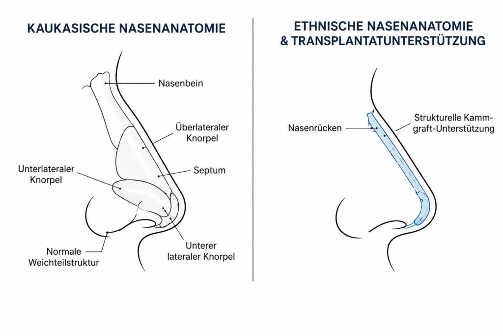 Technische medizinische Illustration zum Vergleich der Reduktion der kaukasischen Nasenanatomie mit Knorpeltransplantation und struktureller Augmentation bei der ethnischen Rhinoplastik.